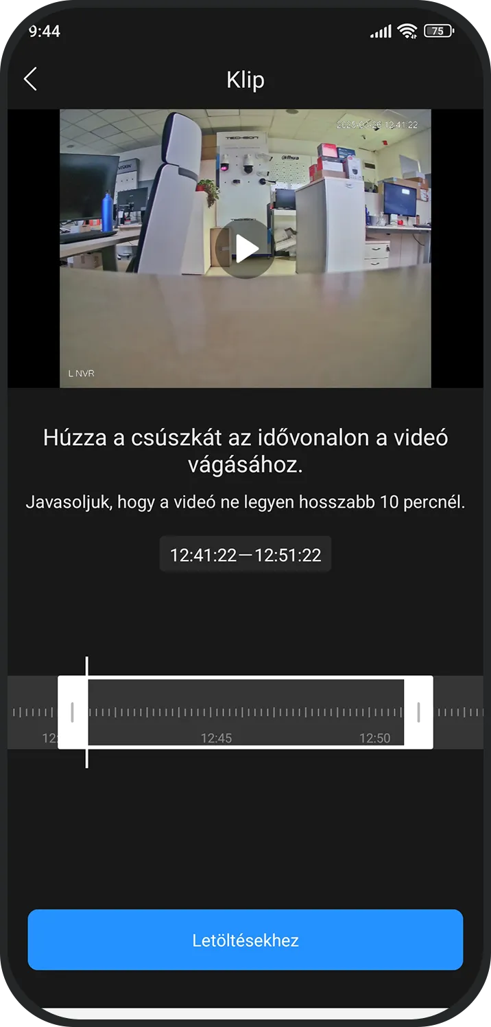 Videó idővonal gyors vágása alkalmazáson belül